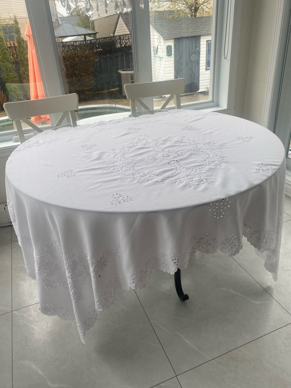RECTANGULAR Pure White Eye-Let Tablecloth Poly/cotton mix Size L: 80”
W: 49.5”